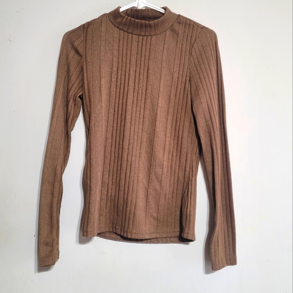 Womens Top Shein Top Large Brown Ribbed‎ Long Sleeves Mock Neck Layering Shirt